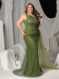 Plus One-Shoulder Sequin Mermaid Gown with Tulle Train & High Slit