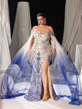 Plus Graphic Sequin Evening Gown with Translucent Sleeves and High Slit – Mermaid Silhouette for Luxury Weddings or Galas, 1XL-3XL