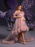 Plus Maternity  Off Shoulder High Low Hem Ruffle Trim Tulle Photography Dress