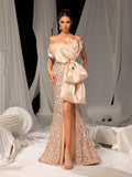 Elegant Strapless Sequined Evening Gown with High Slit & Bow – Mermaid Silhouette for Luxury Weddings or Red Carpet Events, XS-XL