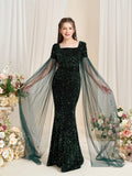 Teen Girls' Square Collar Cloak Sleeves Sequin Mermaid Dress