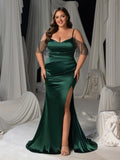 Plus Luxury Off-Shoulder Satin Evening Gown - Beaded Fringe Mermaid Dress with Thigh Slit
