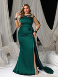 Plus Evening Gown with Lace Accents & High Slit – Silk Satin Bodycon Dress for Luxury Evenings, 1XL-3XL