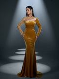 Elegant Asymmetrical Neck Contrast Sequin Mermaid Hem Velvet Evening Dress