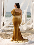 Plus Elegant Asymmetrical Neck Contrast Sequin Mermaid Hem Velvet Evening Dress