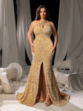 Plus Elegant One Shoulder Split Thigh Sequin Mermaid Hem Evening Dress