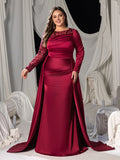 Plus Long Sleeves Mermaid Hem Satin Evening Dress with Floral Sequin Accents