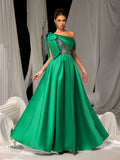 Elegant One-Shoulder Evening Gown with Dramatic Slit & Sequin Embellishments – Luxury Evening Wear for Red Carpet, Gala & Fashion Shows