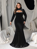 Plus Velvet High-Neck Mermaid Gown with Chest Cutout, Rhinestone Accents & Floor-Length Train
