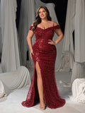 Plus Sequined Off-Shoulder Gown with High Slit – Luxury Evening Wear for Red Carpet, Gala Dinners & Formal Weddings, 1XL-5XL