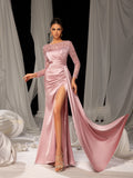 Elegant Satin Evening Gown with High Side Slit & Beaded Sequin Sleeves – Luxurious for Art Gallery Openings or Luxury Charity Galas, XS-XL