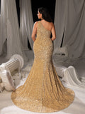 Plus Elegant One Shoulder Split Thigh Sequin Mermaid Hem Evening Dress
