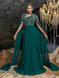 Gorgeous High Neck Chiffon Gown with Detachable Cape | Asymmetrical Cutout & Beaded Embroidery