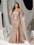 Plus Sequin One-Shoulder Mermaid Gown with Square Neckline and Tulle Shawl