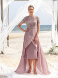 Womens' Elegant Mother-of-the-Bride Gown: Embroidered Sequin Bodice with Asymmetric Chiffon Skirt – Formal Dress for Beach Weddings & Evening Galas