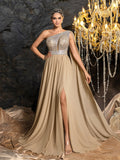 Elegant One-Shoulder Chiffon Evening Gown with Beaded Sequin Embellishment, Cape-Like Draped, High Slit and Flowy Skirt