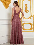 Elegant Deep V Neck Sequin A Line Prom Dresses - Elonnashop