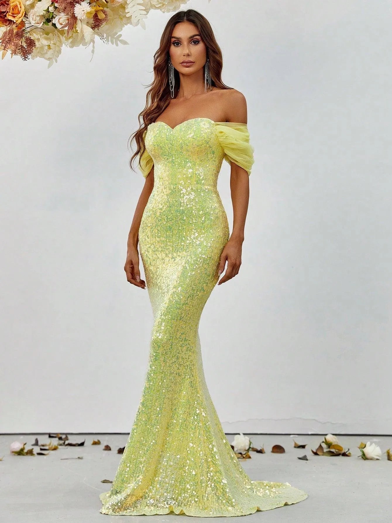 Off Shoulder Sweetheart Neck Sequin Mermaid Dress - Elonnashop