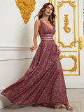 Elegant Deep V Neck Sequin A Line Prom Dresses - Elonnashop