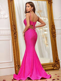 Rhinestone Detail Spaghetti Strap Slit Mermaid Dress - Elonnashop