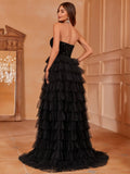 Sequin Bodice Contrast Cascading Ruffle Wedding Dresses - Elonnashop