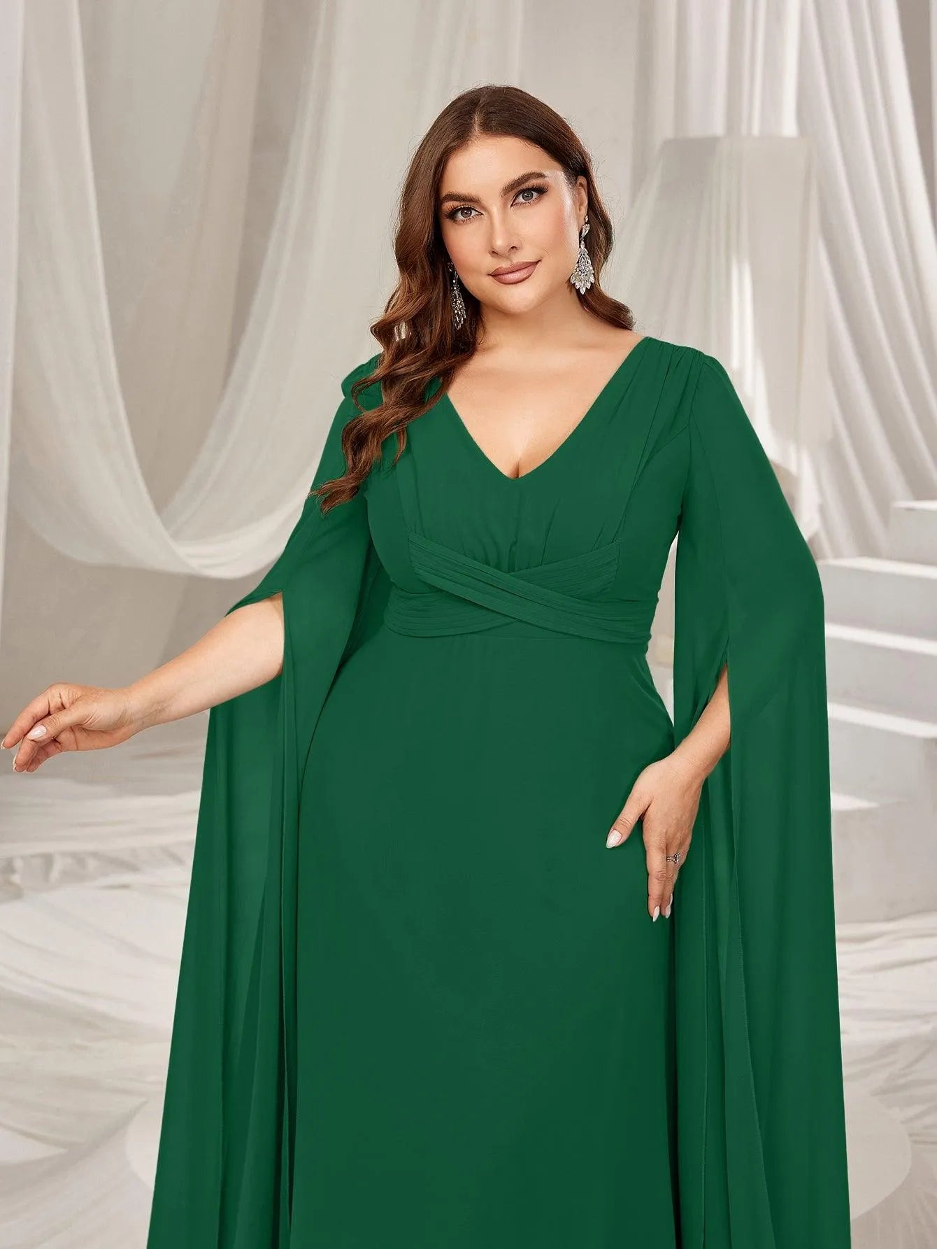 Plus Solid Ruched Front Extra-Long Sleeves Chiffon Prom Dress - Elonnashop