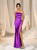 One Shoulder Split Thigh Satin Party Dresses - Elonnashop