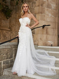 Floral Applique Mesh Insert Mermaid Hem Tube Wedding Dress - Elonnashop