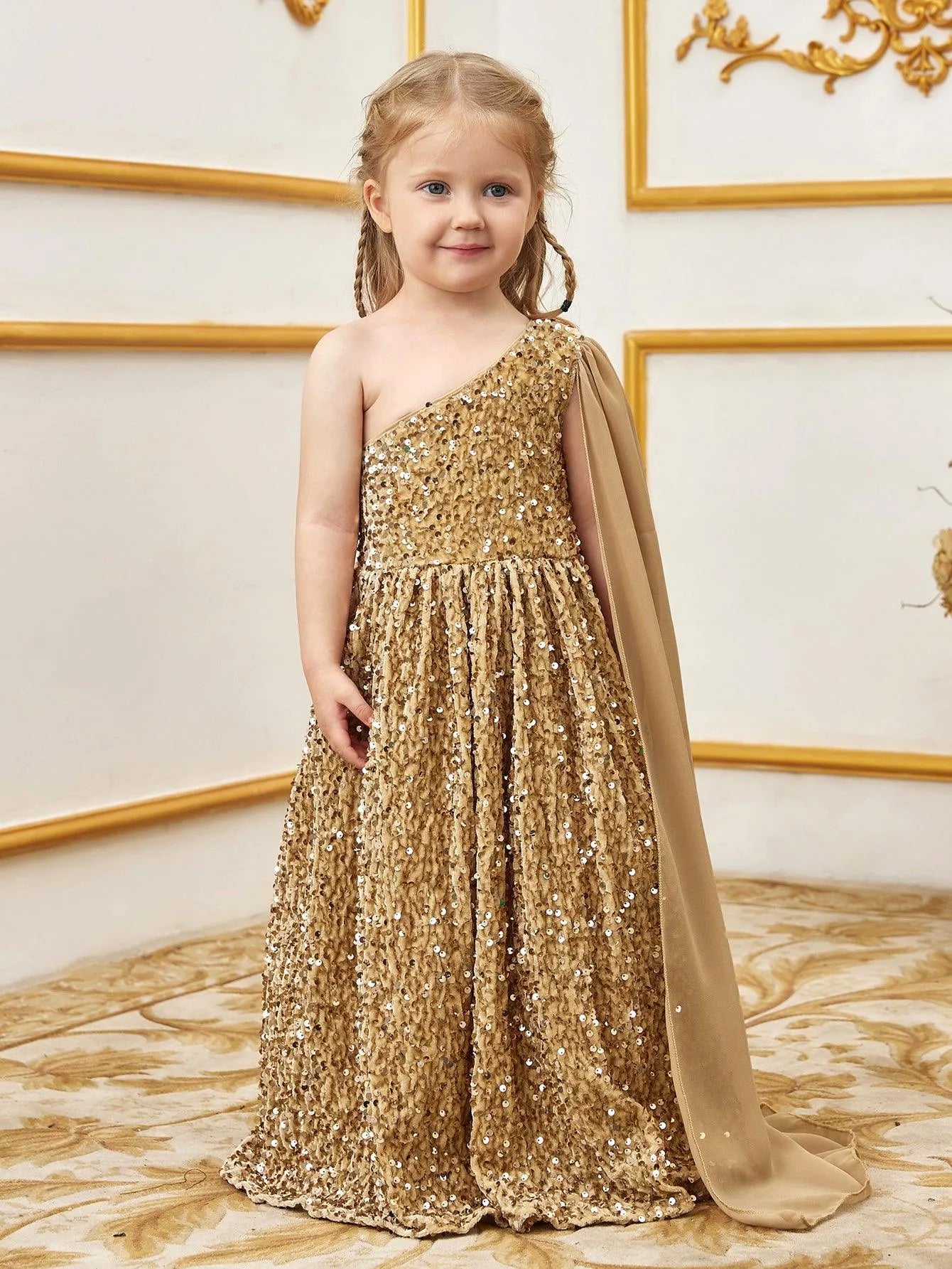 Young Girls' One Shoulder Draped Side Sequin A Line Dress - Elonnashop