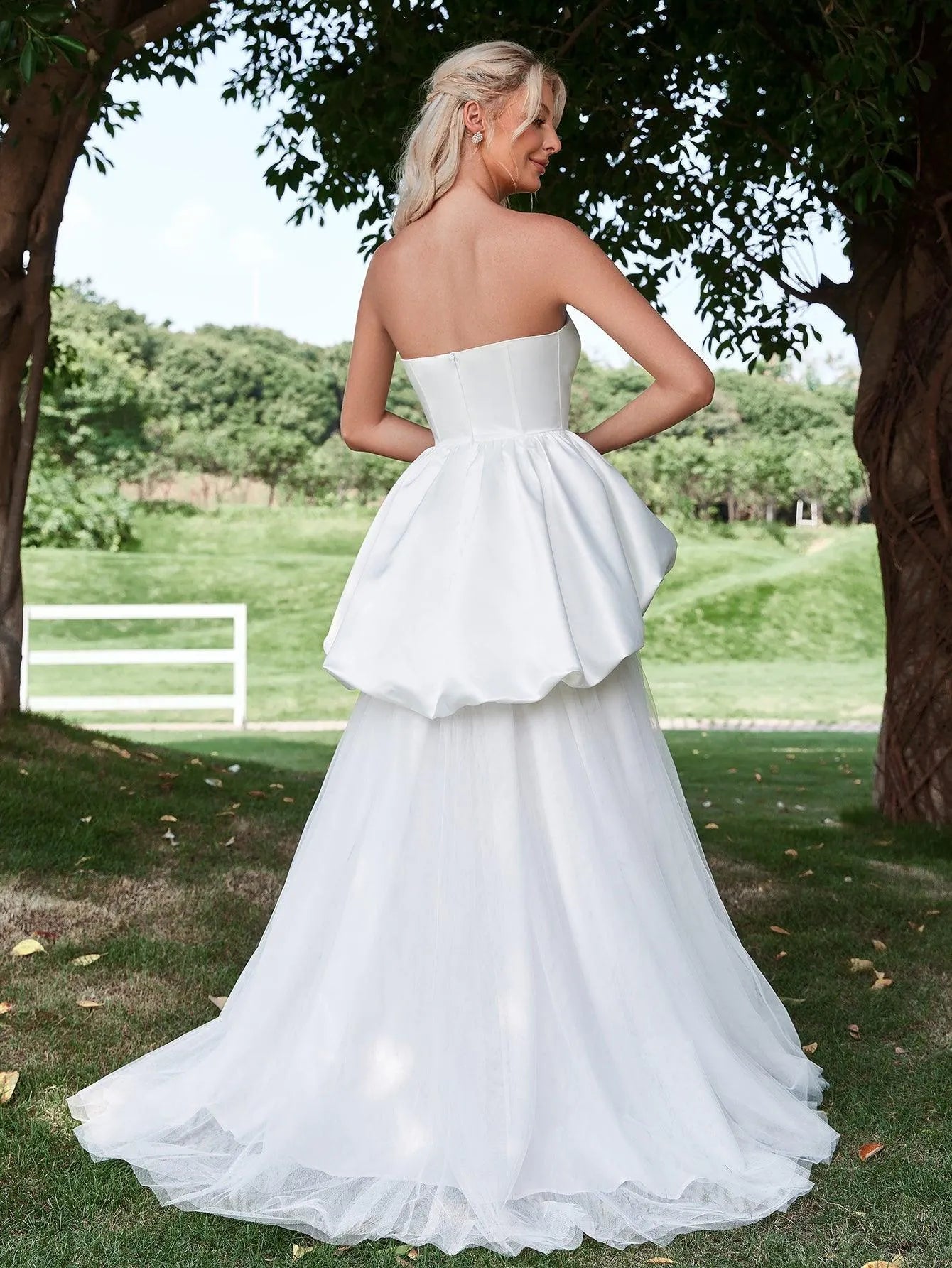 Ruffle Trim Mesh Overlay Satin Tube Wedding Dress - Elonnashop