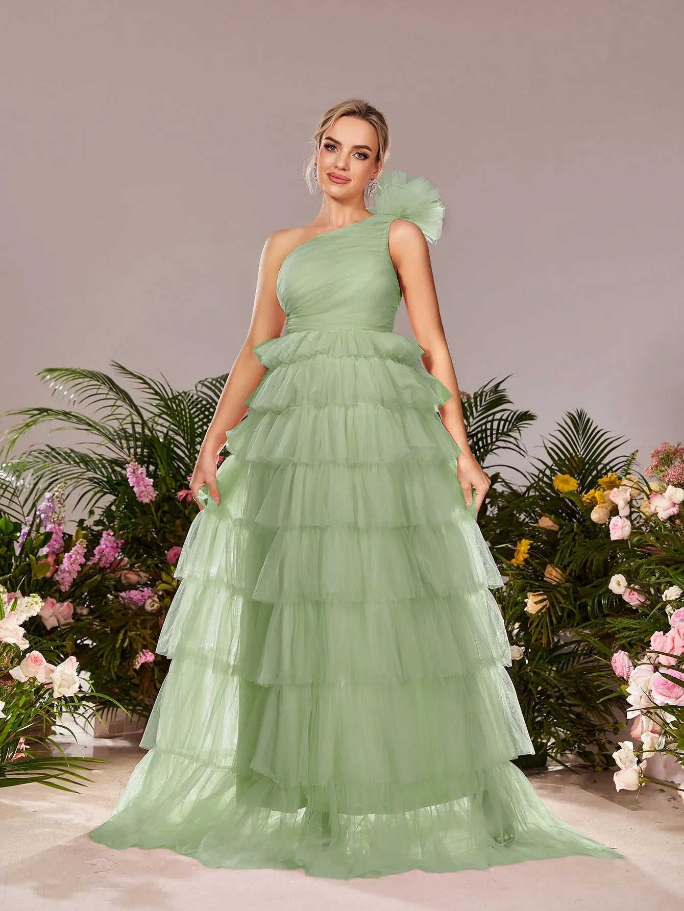 Maternity One Shoulder Ruffle Layered Hem Tulle Prom Dress