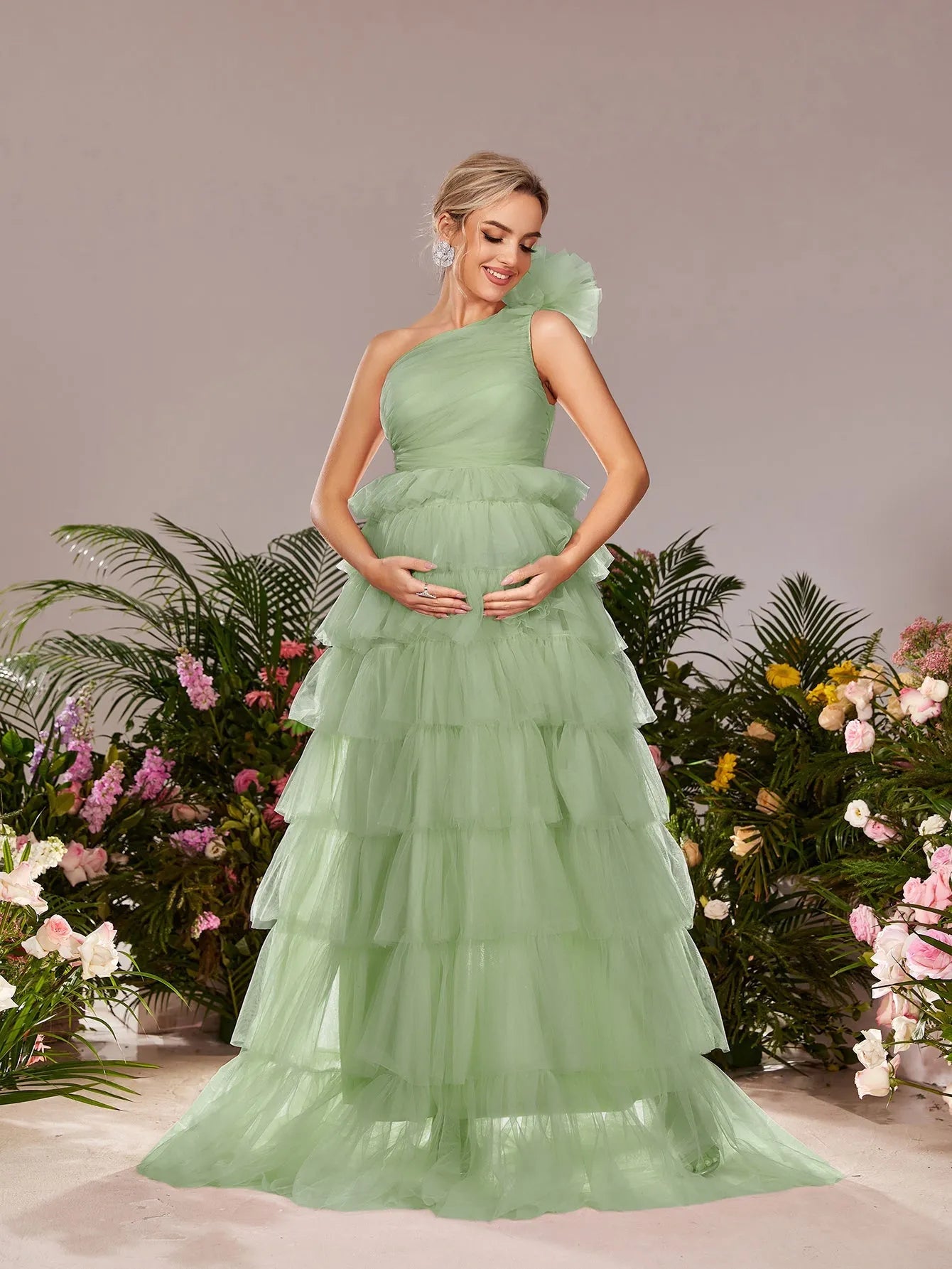 Maternity One Shoulder Ruffle Layered Hem Tulle Prom Dress