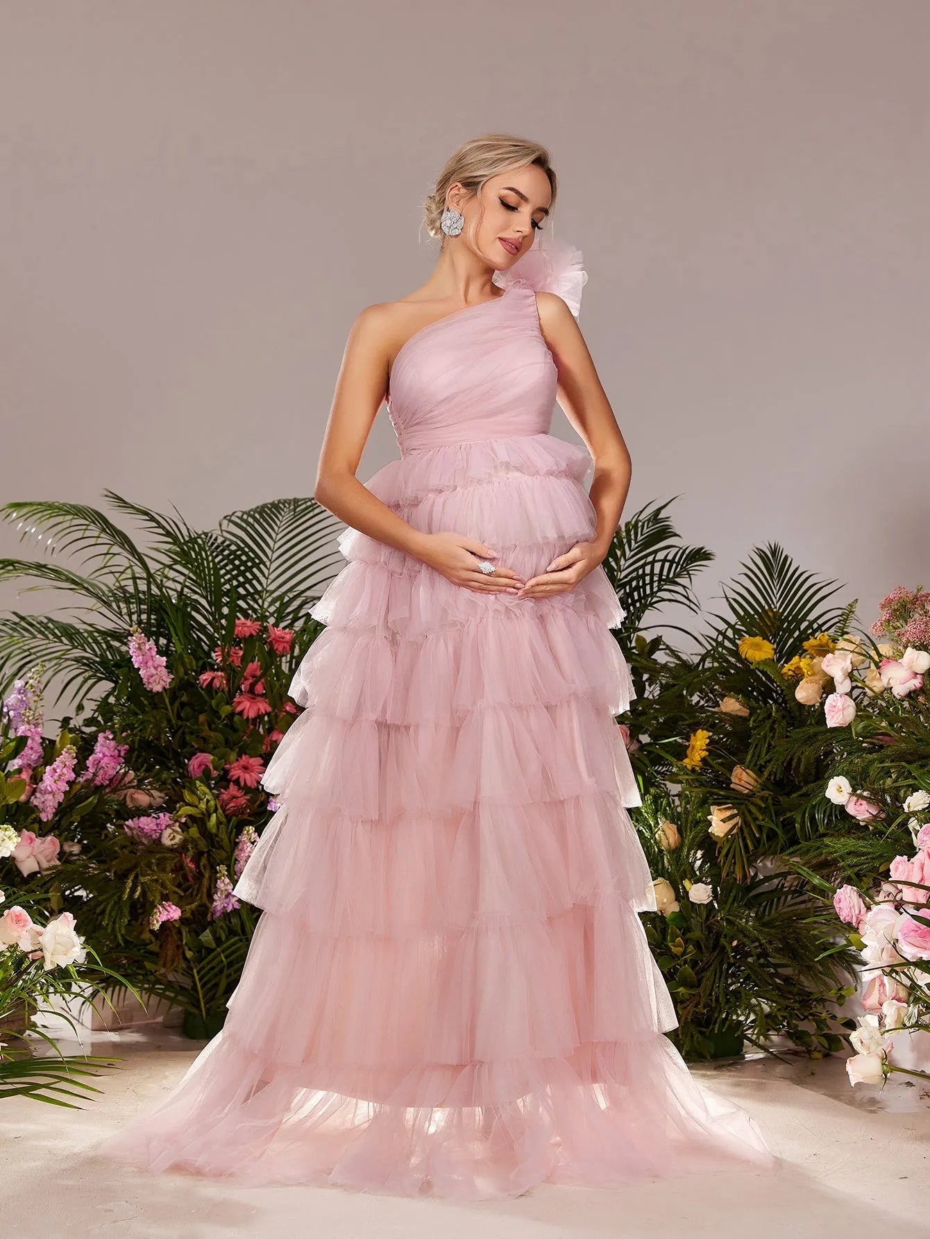 Maternity One Shoulder Ruffle Layered Hem Tulle Prom Dress