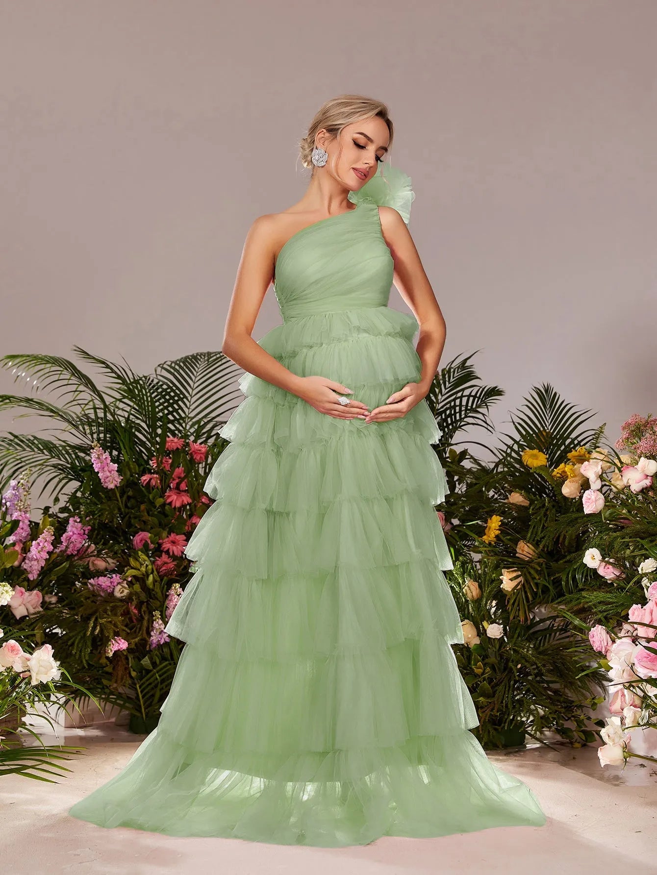 Maternity One Shoulder Ruffle Layered Hem Tulle Prom Dress