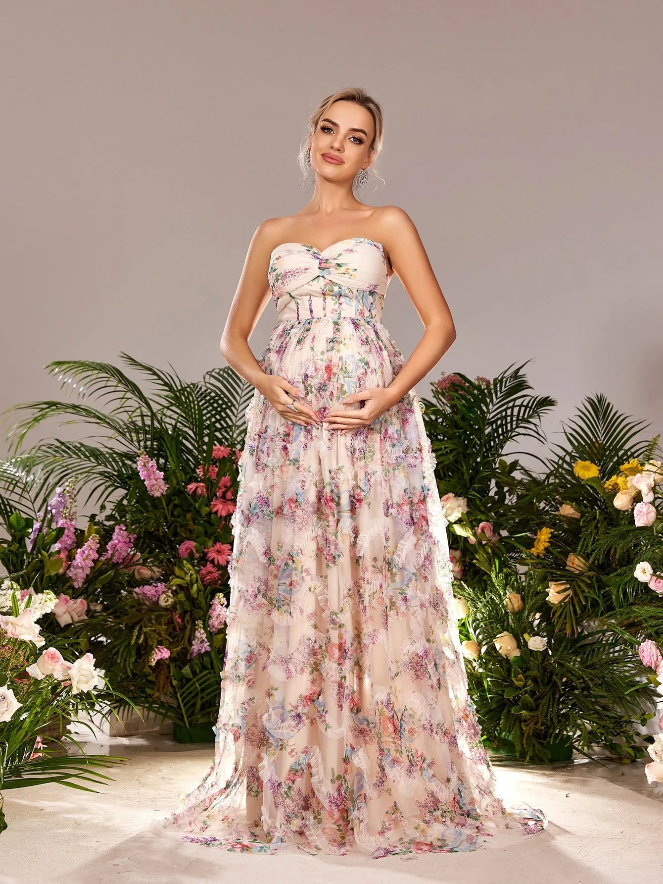 Maternity Strapless Ruffle Trim Floral Mesh Party Dress