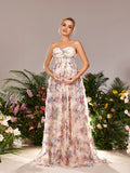 Maternity Strapless Ruffle Trim Floral Mesh Party Dress