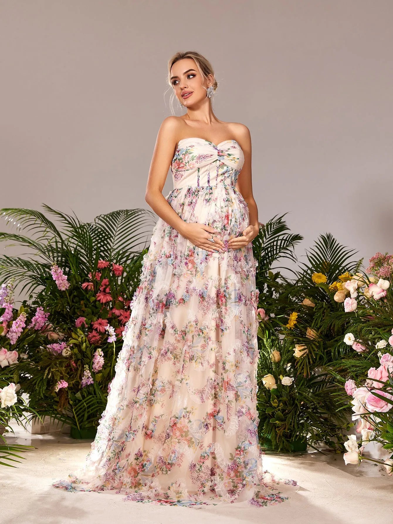 Maternity Strapless Ruffle Trim Floral Mesh Party Dress