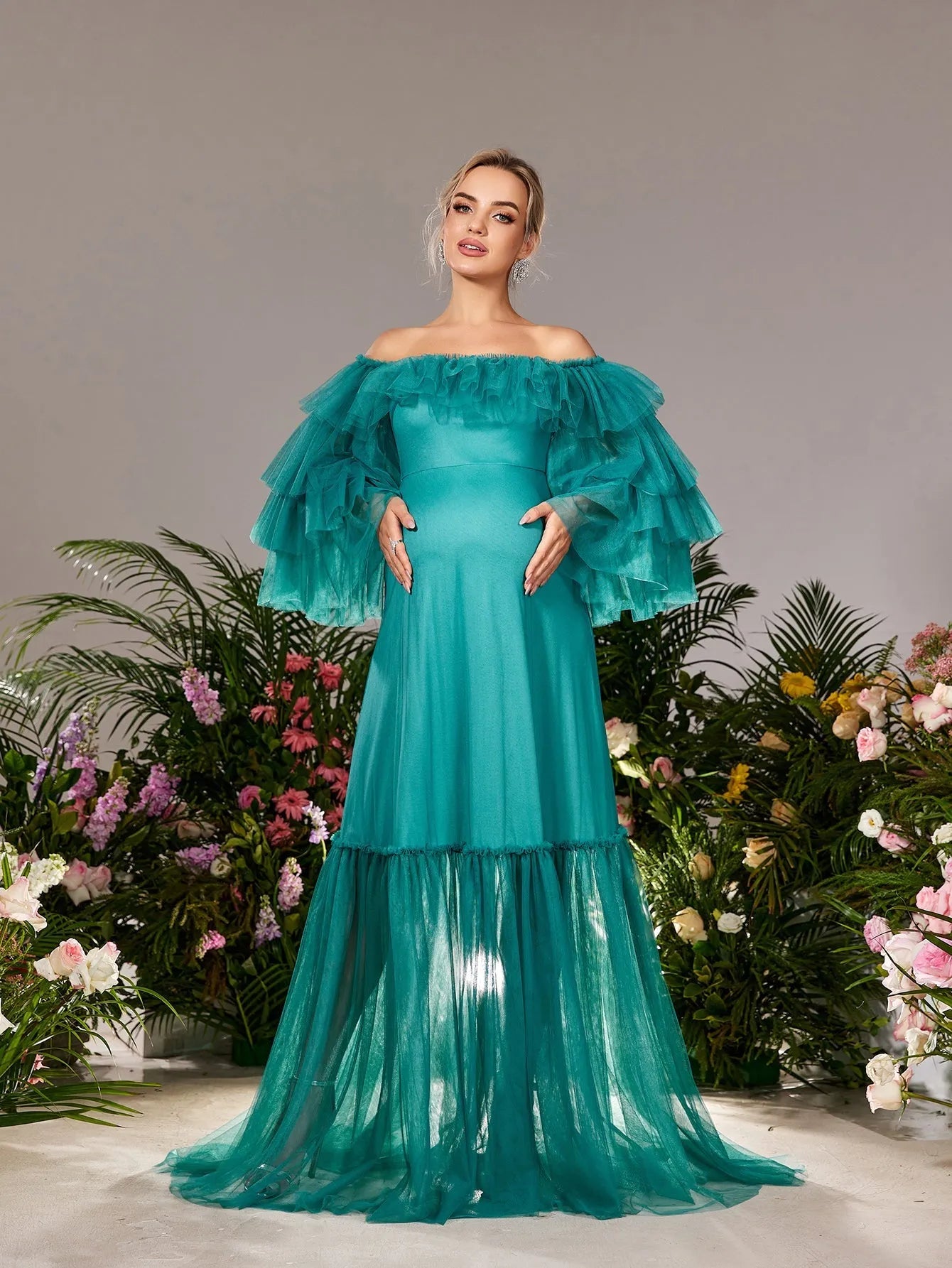 Maternity Off Shoulder Layered Sleeves Tulle Evening Dress