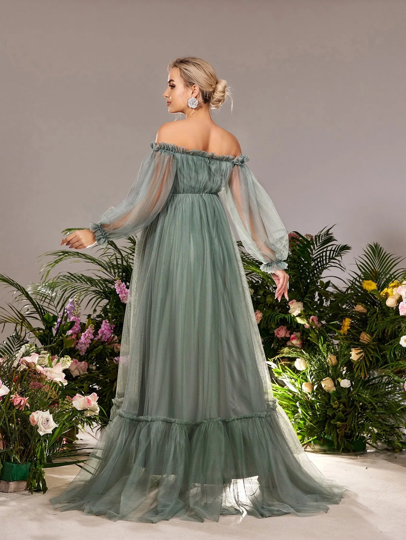 Maternity Ruffle Trim Off Shoulder Lantern Sleeves Tulle Evening Dress