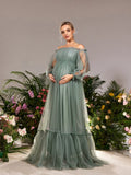 Maternity Ruffle Trim Off Shoulder Lantern Sleeves Tulle Evening Dress