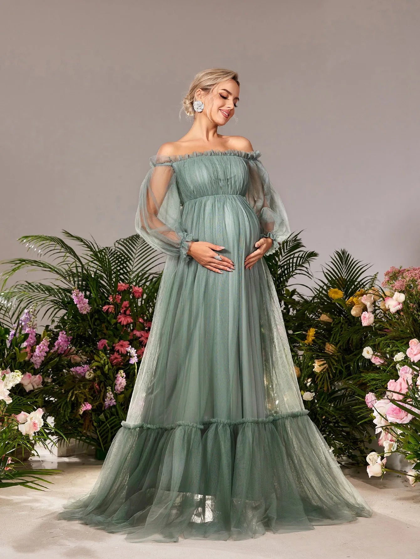 Maternity Ruffle Trim Off Shoulder Lantern Sleeves Tulle Evening Dress