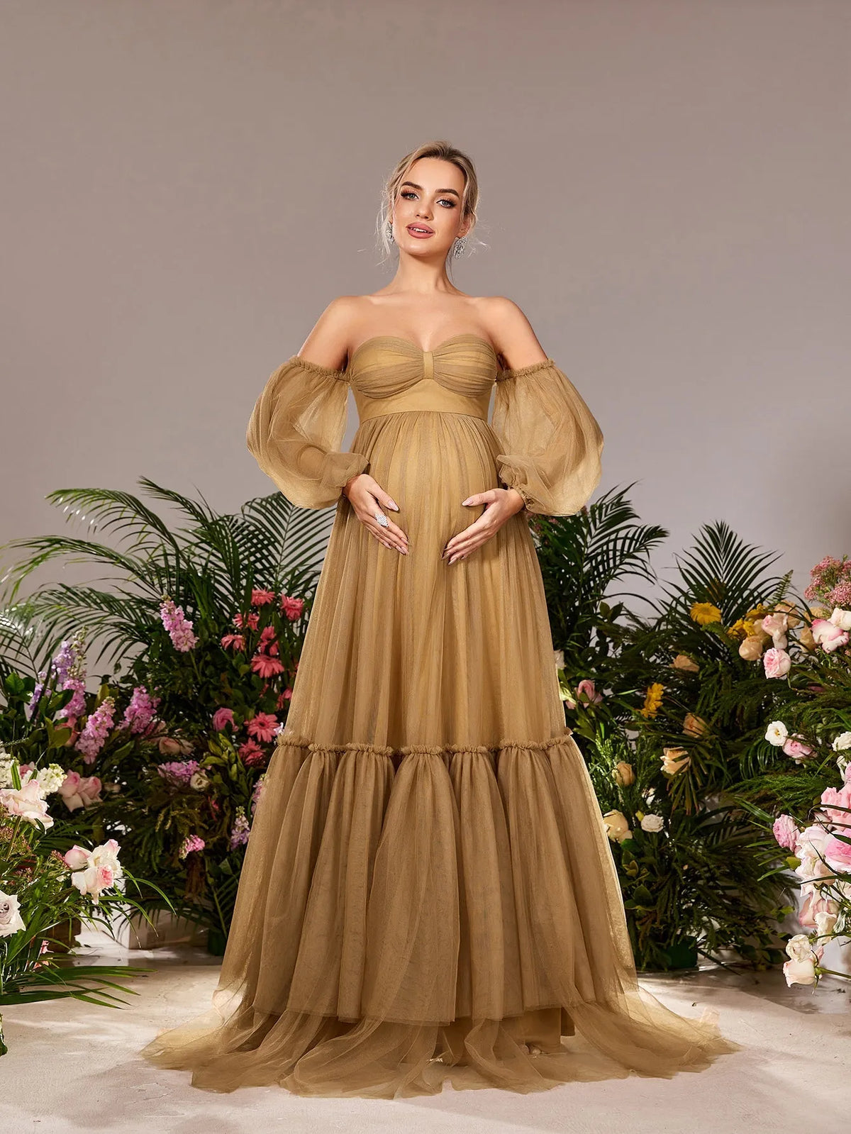 Maternity Off Shoulder Lantern Sleeves Tulle Evening Dress