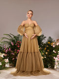 Maternity Off Shoulder Lantern Sleeves Tulle Evening Dress