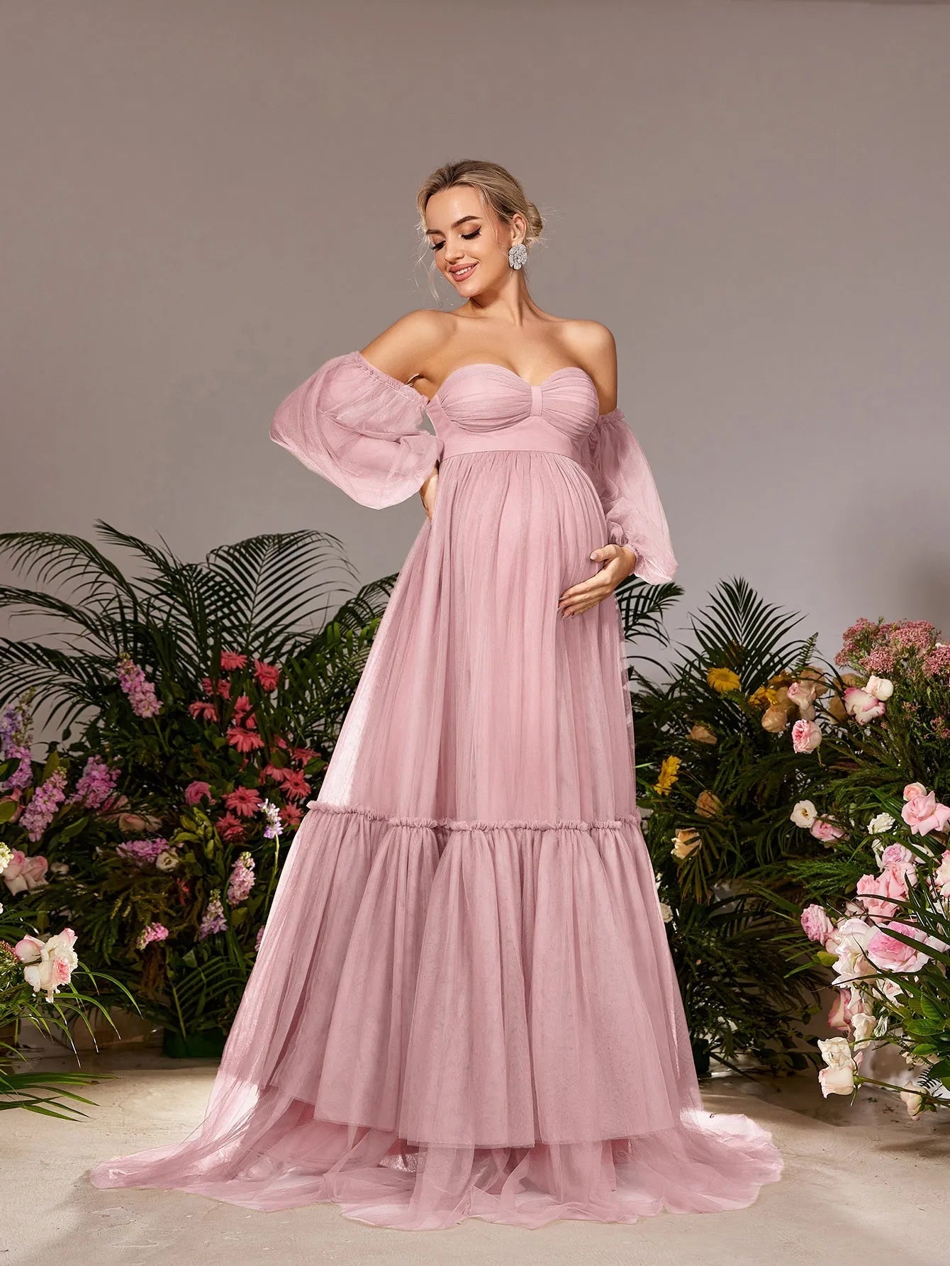 Maternity Off Shoulder Lantern Sleeves Tulle Evening Dress