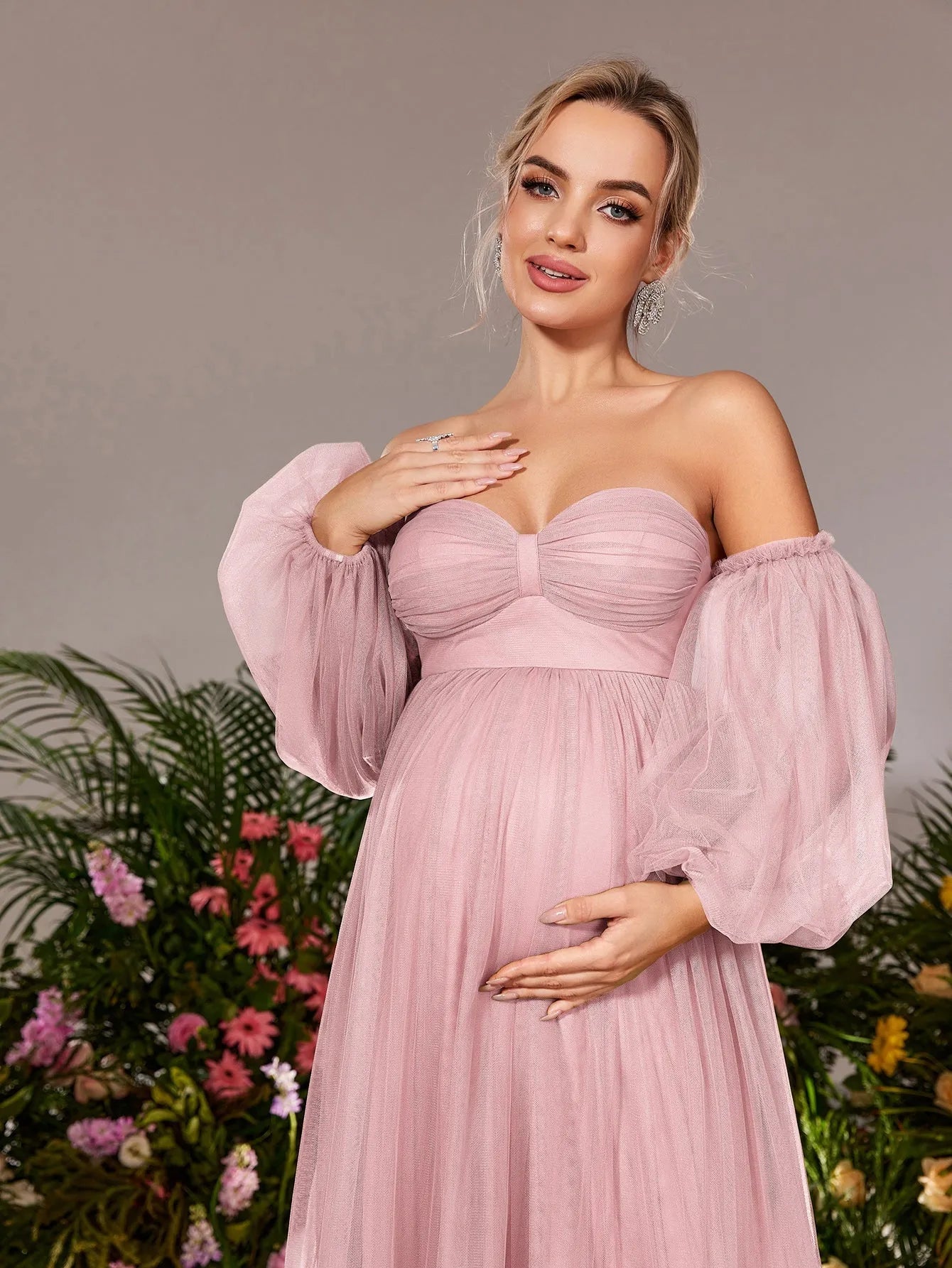 Maternity Off Shoulder Lantern Sleeves Tulle Evening Dress