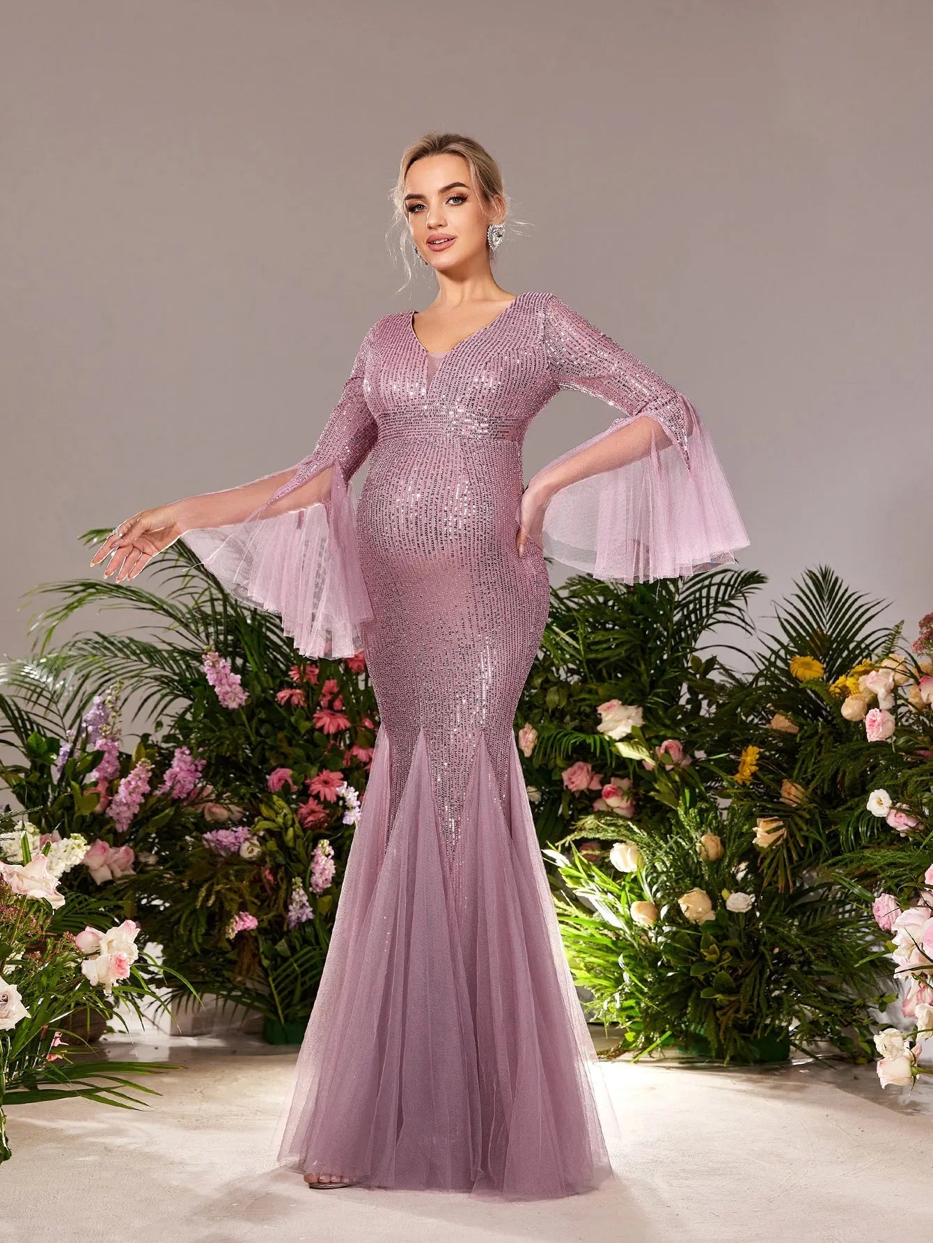 Maternity Plunging Neck Flared Sleeves Mermaid Hem Sequin Evening Dress