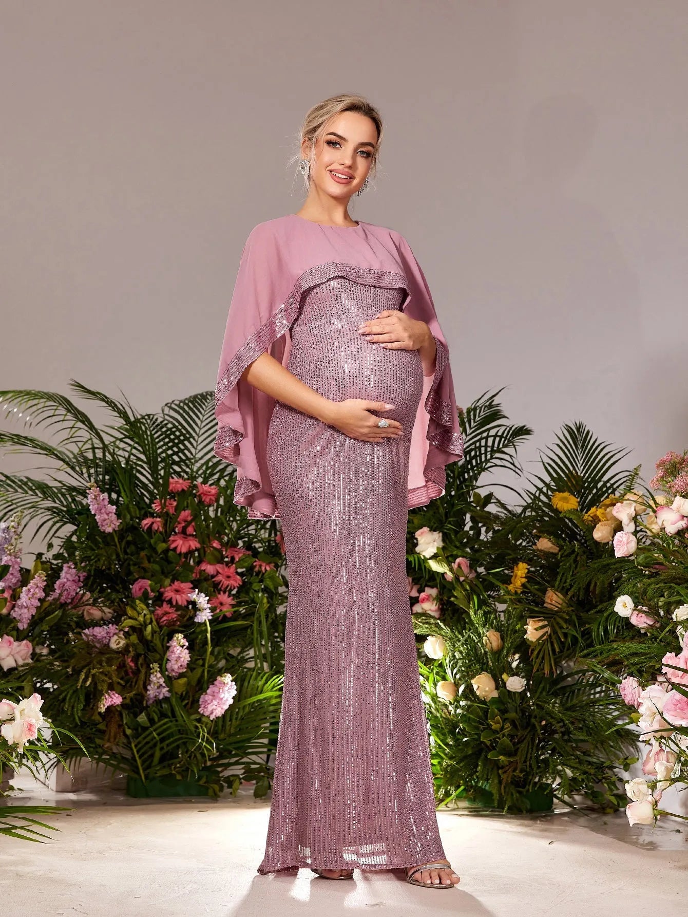 Maternity Round Neck Cape Sleeves Mermaid Hem Sequin Evening Dress