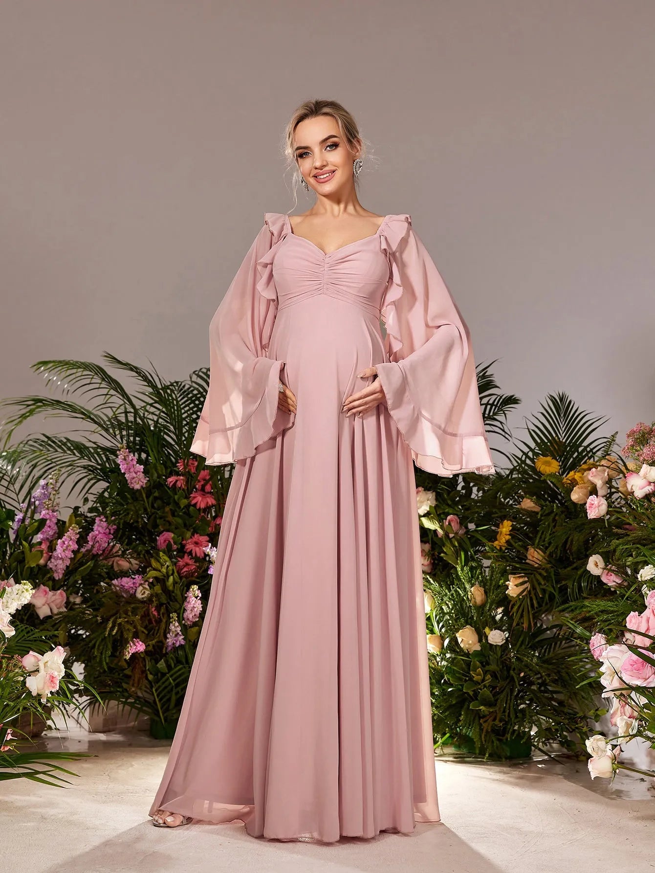 Maternity Sweetheart Neck Cape Sleeves Chiffon Evening Dress