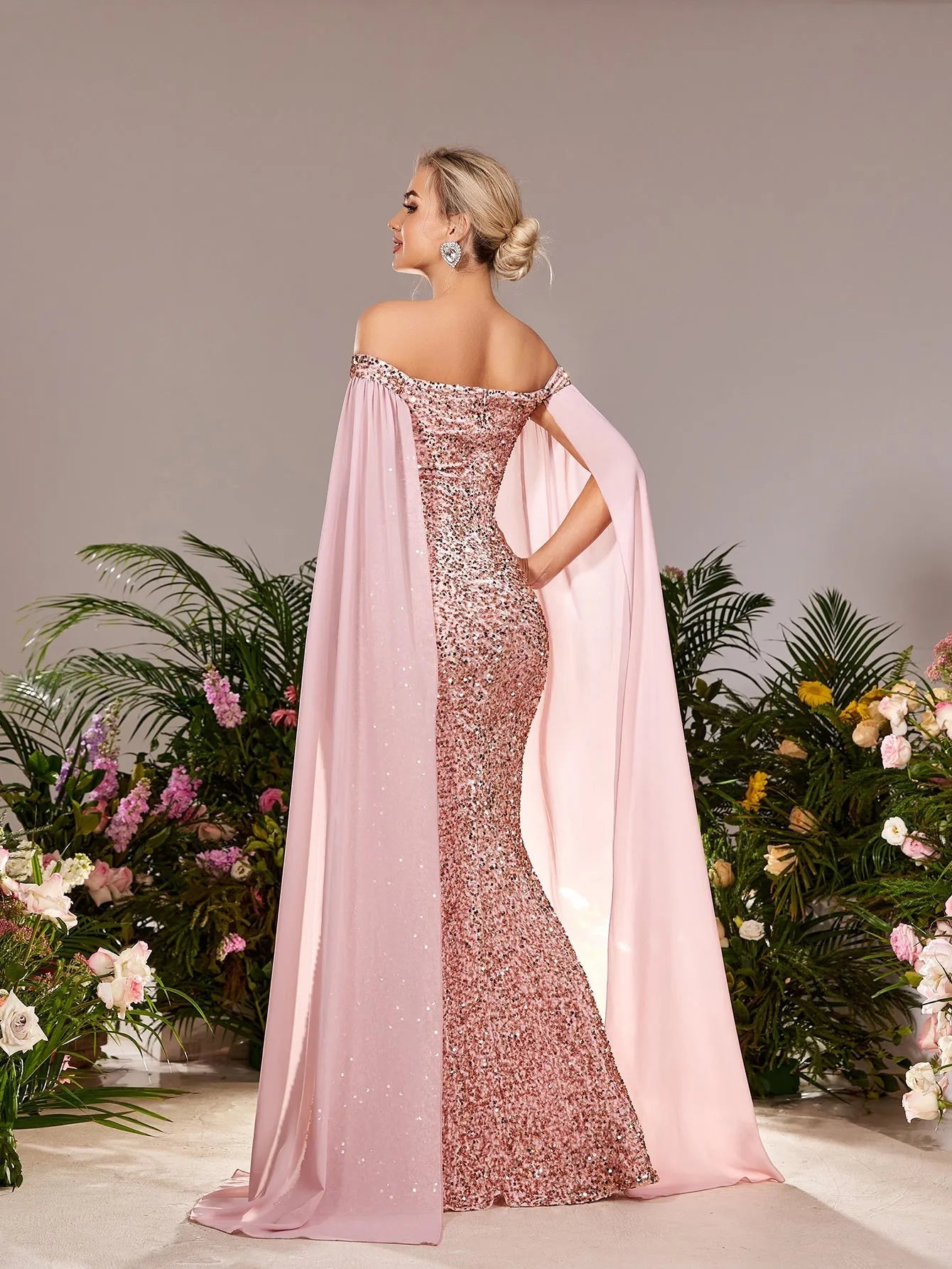 Maternity Off Shoulder Cape Sleeves Mermaid Hem Sequin Formal Dress