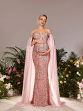 Maternity Off Shoulder Cape Sleeves Mermaid Hem Sequin Formal Dress